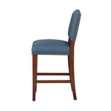 Comfort Pointe Denver Stationary Faux Leather Blue Counter Stool with Nail Heads Blue Faux Leather / Warm Espresso Base