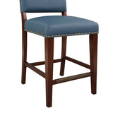 Comfort Pointe Denver Stationary Faux Leather Blue Counter Stool with Nail Heads Blue Faux Leather / Warm Espresso Base