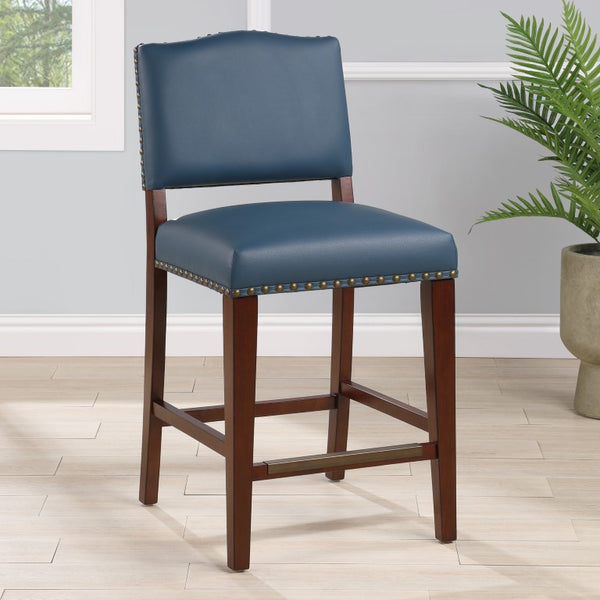 Comfort Pointe Denver Stationary Faux Leather Blue Counter Stool with Nail Heads Blue Faux Leather / Warm Espresso Base