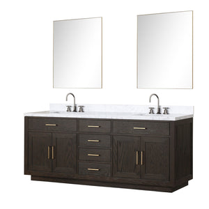 English Elm Brown Oak Double Bath Vanity With Carrara Marble Top, Mirrors & Faucet Set For Elegant Upgrades B2731S01814