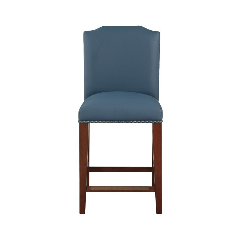 Comfort Pointe Bristol Stationary Blue Faux Leather Counter Stool with Nail Heads Blue Faux Leather / Warm Espresso base