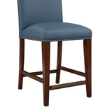 Comfort Pointe Bristol Stationary Blue Faux Leather Counter Stool with Nail Heads Blue Faux Leather / Warm Espresso base