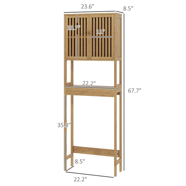 English Elm HOMCOM Bamboo Floor Cabinet Bathroom Organizer Tower with Shelved Storage, Slatted Doors & Elevated Base Natural Wood W2225P217003