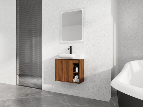English Elm 24'' Wall-Mounted Bathroom Vanity with White Ceramic Sink, Soft-Close Door, Open Shelves, Moisture-Resistant Finish W999P263406