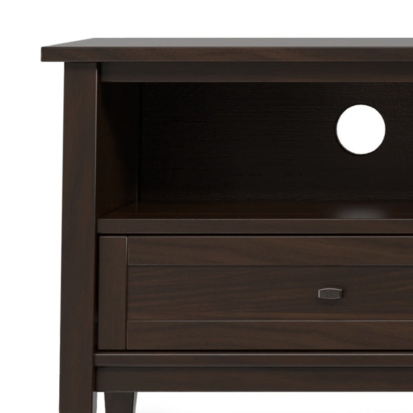 English Elm Warm Shaker 72 inch Low TV Media Stand Brown Solid Wood 72" Wide for TVs up to 80", Drawers, Cord Management B136P203488