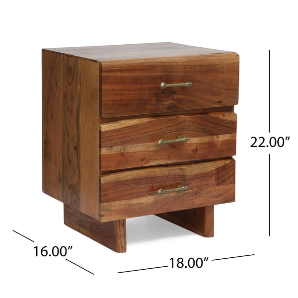 English Elm Christopher Knight Home® - NIGHTSTAND — Handcrafted Acacia Wood Nightstand with 3 Drawers, Antique Brass Handles, Boho Chic 68804.00