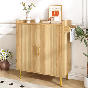 English Elm Modern Fluted Bar Cabinet with Wine Rack Glass Holders Adjustable Shelving and Hidden Drawer Natural N728P438606N