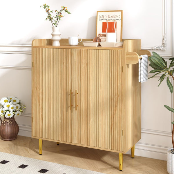English Elm Modern Fluted Bar Cabinet with Wine Rack Glass Holders Adjustable Shelving and Hidden Drawer Natural N728P438606N