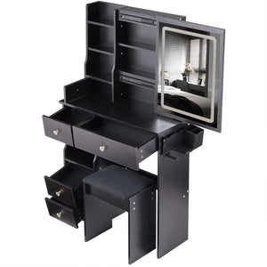 English Elm 29.2" Compact Desktop Vanity Set With Touch-Control Led Mirror, Usb Ports, Stool & Hair Dryer Holder W936P202460