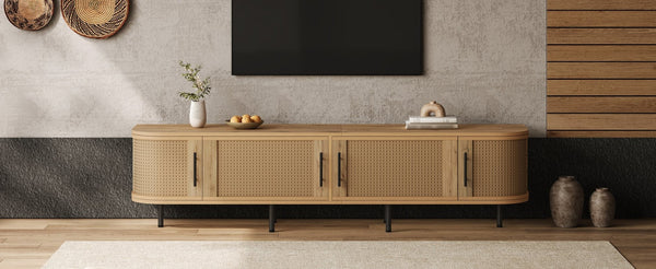 English Elm 70inch Rattan Door Media Console with Iron Legs Natural Wood Finish Living Room N710P429509P