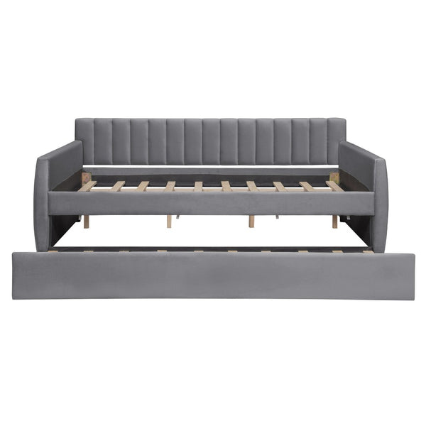 English Elm Full Size Velvet Upholstered Daybed with Pull Out Trundle and Wood Slat Support Gray LP100121AAE