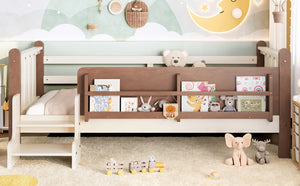 English Elm Twin Pine Floor Bed for Kids with Side Bookcases Built-in Stairs and Safety Guardrails Beige W1580P390214