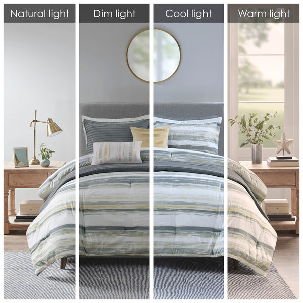 English Elm 8 Piece Printed Seersucker Comforter & Quilt Set In Yellow/Gray For Full/Queen – Cozy & Stylish! B03597254