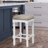 Comfort Pointe Farmington White Turned Leg Counter Stool with Taupe Upholstered Seat Taupe Fabric / White Base