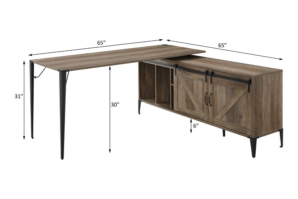 English Elm Zakwani L-Shape Rustic Oak & Black Writing Desk with Sliding Barn Door Storage, Cord Management B2726S00387
