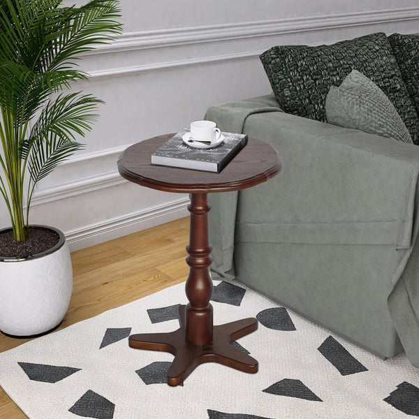 English Elm 15.75 inch Round Small End Table Vintage Wooden Pedestal Side Table with Rounded Top and Easy Assembly Walnut Brown W2295P339100