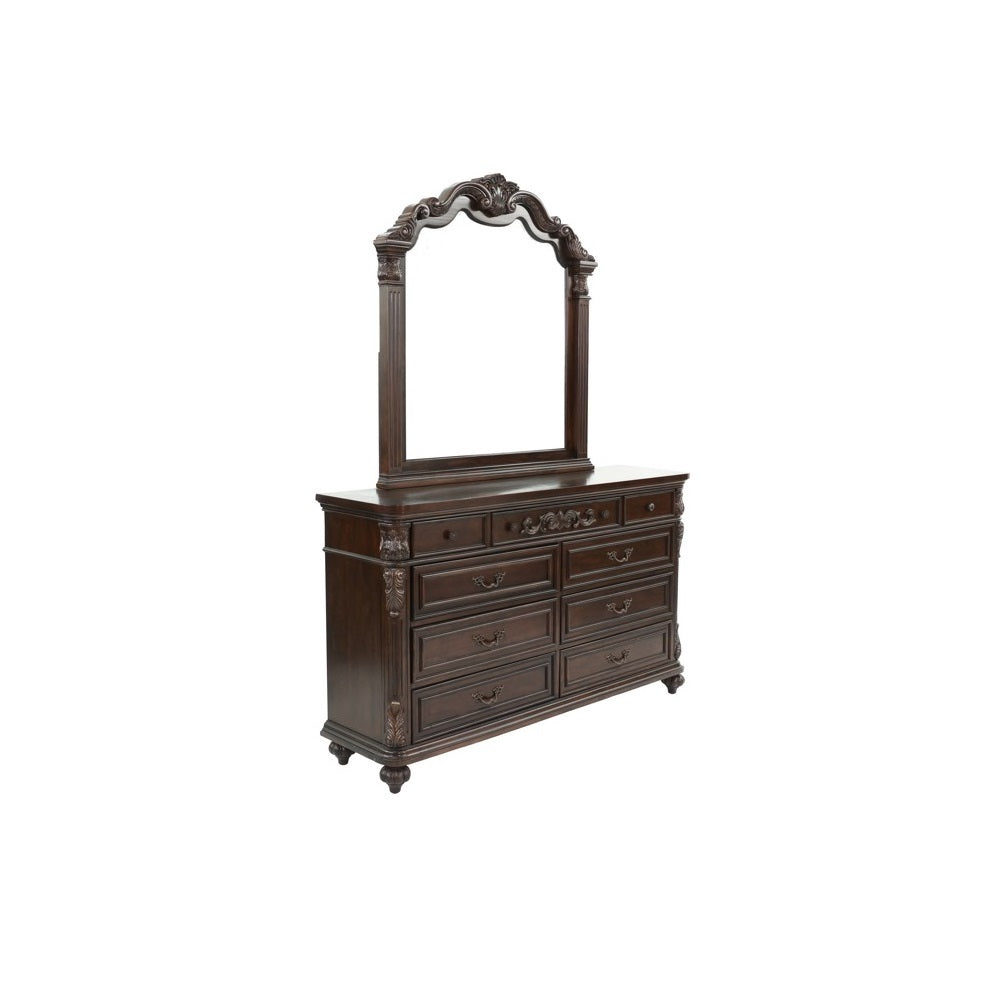 English Elm Traditional Antique Cherry/Walnut Dresser with Mirror, 9 Drawers, Carved Floral Accents, Metal Hardware and Bun Feet B011S01151