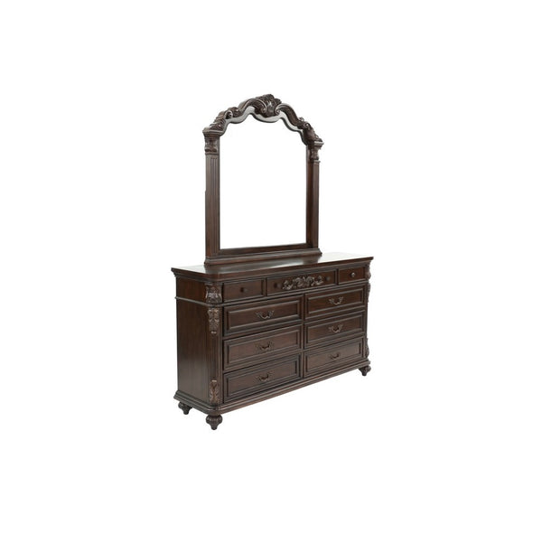 English Elm Traditional Antique Cherry/Walnut Dresser with Mirror, 9 Drawers, Carved Floral Accents, Metal Hardware and Bun Feet B011S01151