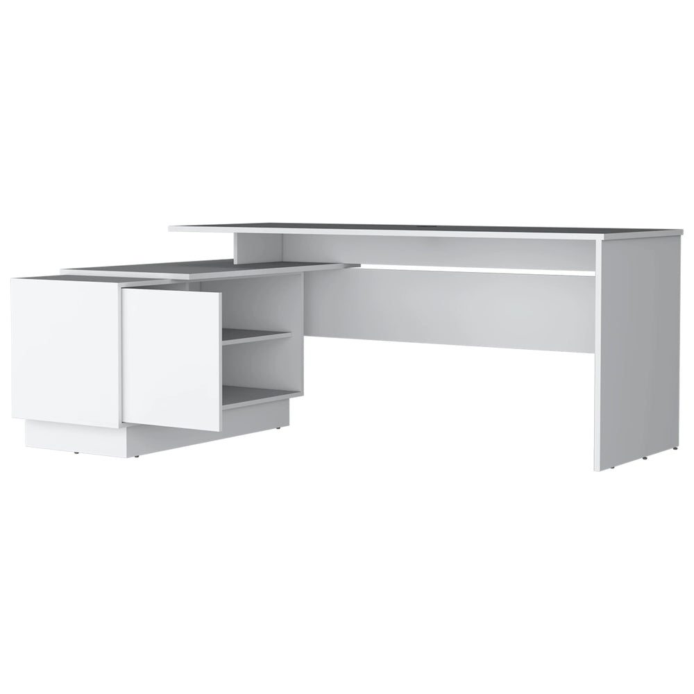 English Elm White L-Shaped Desk with Secure Cabinet and Five Shelves, Spacious Corner Workstation, Modern Finish B062S00601