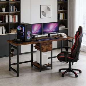 English Elm Computer Desk Two Person Wood Grain Workstation with Drawers for Shared Home Office Black,Rustic Brown T3971P453399