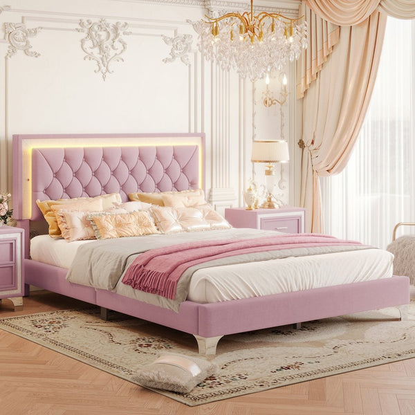 English Elm Queen Velvet Upholstered Bed Frame with LED Ambiance, Tufted Headboard, Sturdy Slat Support Pink 63.98 L x 23.23 W x 5.91 H N733P183657H