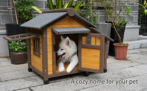 English Elm 45 Inch Solid Wood Outdoor Dog House with Elevated Floor and Waterproof Insulated Roof W1431P388168