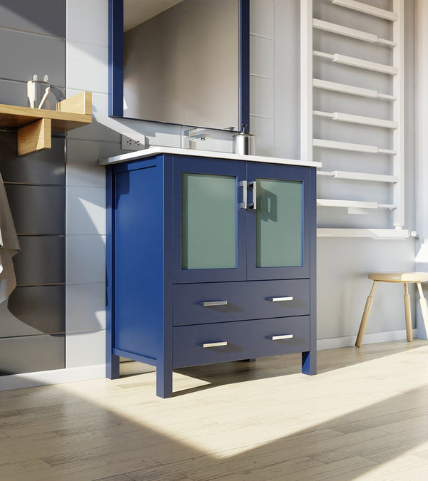 English Elm Navy Blue Bath Vanity: 30" W X 18.25" D With Elegant White Ceramic Top & Ample Storage Space B2731P260427