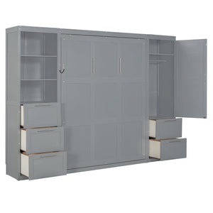 English Elm Queen Murphy Wall Bed with Wardrobe Drawers and Shelves for Studio or Guest Room Gray LP000865AAE-2
