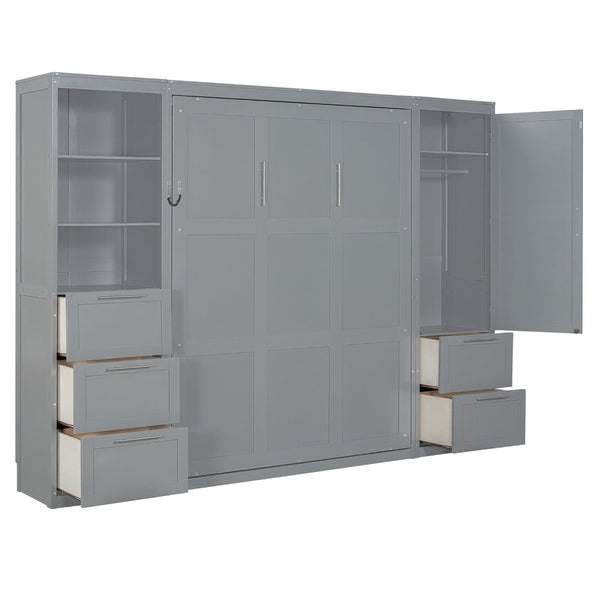English Elm Queen Murphy Wall Bed with Wardrobe Drawers and Shelves for Studio or Guest Room Gray LP000865AAE-2