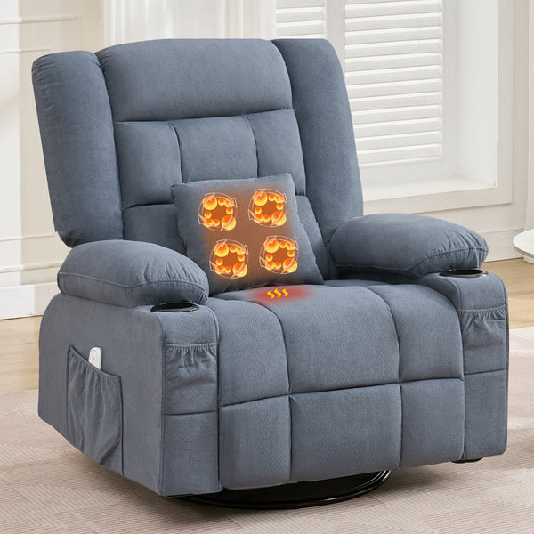 English Elm Kneading Massage Rocker Recliner with 4‑Point 3D Kneading, Heat, USB Port, Cup Holders & Swivel Comfort Blue W1521P390947