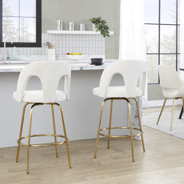 English Elm Fixed-height Swivel Counterstools with White Upholstery Gold Footrest Set of 2 B202S01782