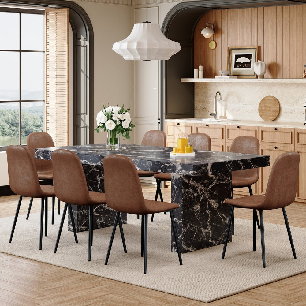 English Elm Table and Chair Set Seats Eight with Marble Pattern Mdf Top Brown Fabric Dining W1151S04098