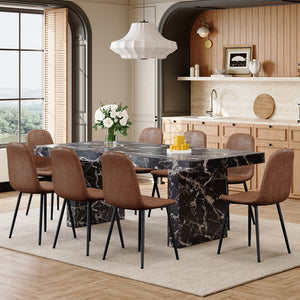 English Elm Table and Chair Set Seats Eight with Marble Pattern Mdf Top Brown Fabric Dining W1151S04098
