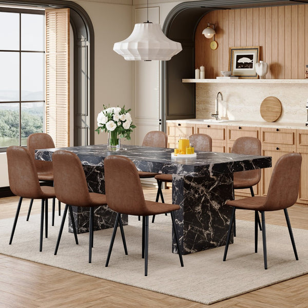 English Elm Table and Chair Set Seats Eight with Marble Pattern Mdf Top Brown Fabric Dining W1151S04098