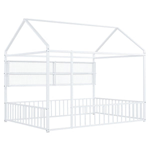 English Elm Full Metal House Bed Frame Full Size with Built-In Fence and 4 Grid Shelves for Durable Storage and Style White N737P175361K