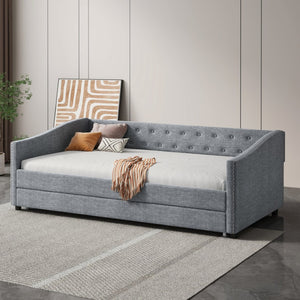 English Elm Twin Size Daybed With Trundle - Upholstered Light Grey Sofa Bed, Button-Tufted & Copper Nailhead Trim W2336S00042-GIGA