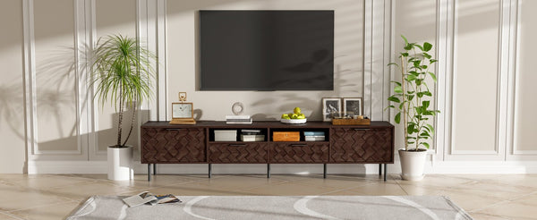 English Elm 78 Inch Walnut Media Console with Slatted Doors Iron Legs and Cable Management N710P373605Q