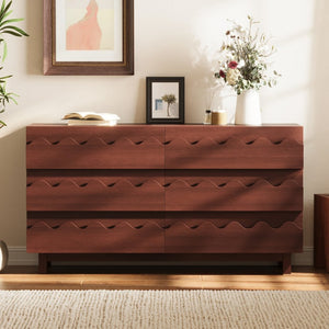 English Elm 60" Wave Front Six Drawer Dresser Sculptural Engineered Wood Media Console for Bedroom Walnut N739S0000011D