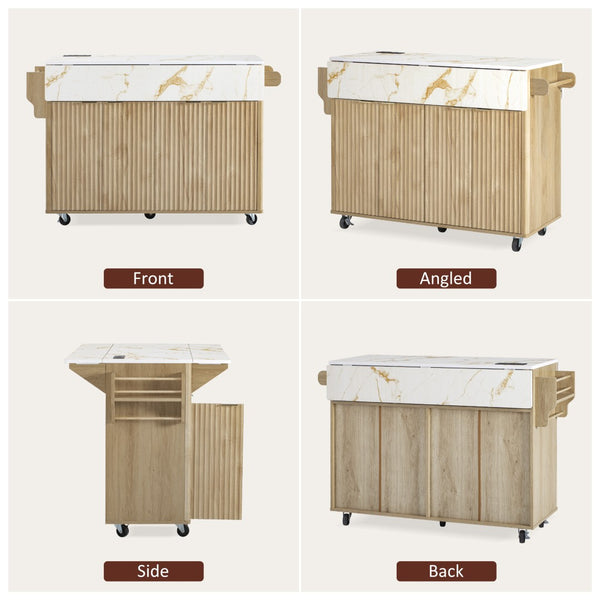 English Elm K&k Fluted Rolling Kitchen Island Faux Marble Top Power Outlet Storage Drawers Natural N707P353934Y
