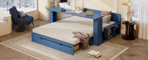 English Elm Queen Daybed with Hydraulic Desk Storage Drawers and Convertible Sofa for Small Spaces Blue LT000272AAC