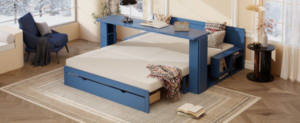 English Elm Queen Daybed with Hydraulic Desk Storage Drawers and Convertible Sofa for Small Spaces Blue LT000272AAC