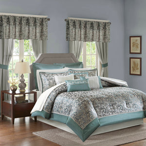 JLA Home Madison Park Essentials - 24 Teal and Grey Jacquard Paisley Bedding Set with Curtains, Embroidered Pillows, Hypoallergenic Fill 92 L x 104 W x 1.5H MPE10-637