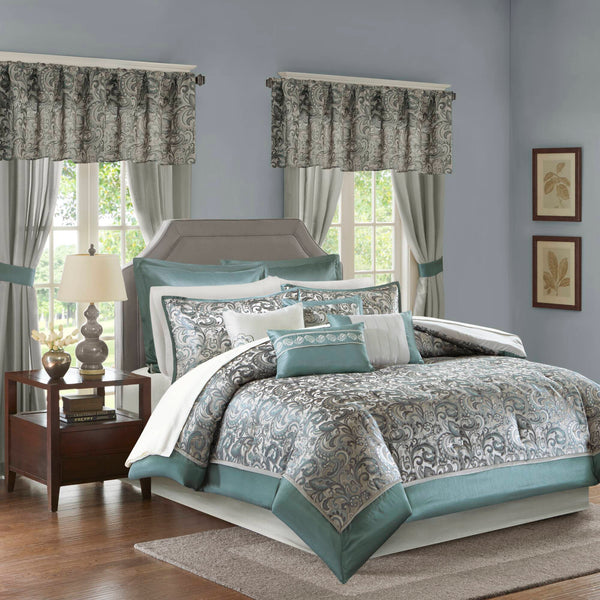 JLA Home Madison Park Essentials - 24 Teal and Grey Jacquard Paisley Bedding Set with Curtains, Embroidered Pillows, Hypoallergenic Fill 92 L x 104 W x 1.5H MPE10-637