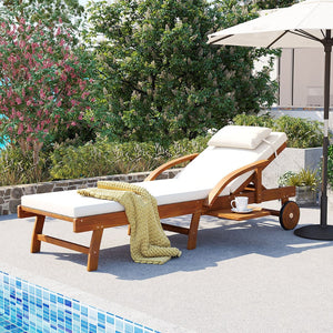English Elm U_style Acacia Wood Outdoor Chaise Lounger with Reclining Backrest Cushions and Side Tray Beige N711P415859A