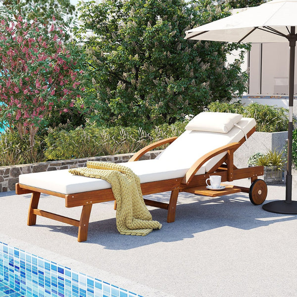 English Elm U_style Acacia Wood Outdoor Chaise Lounger with Reclining Backrest Cushions and Side Tray Beige N711P415859A