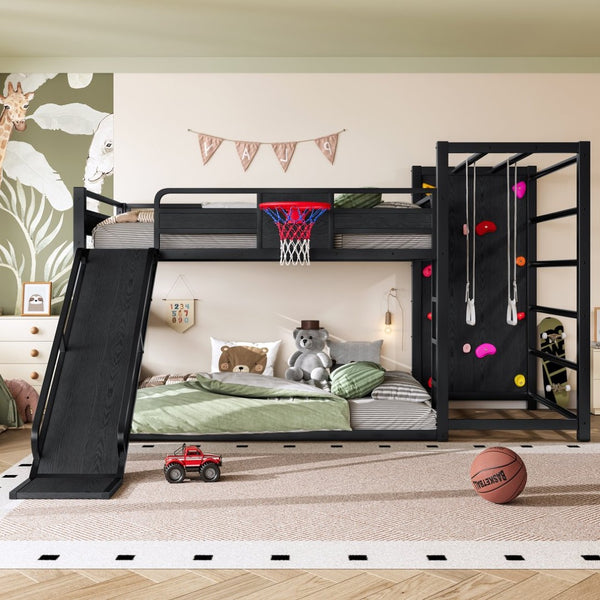 English Elm Twin Metal Loft Bed with Slide Basketball Hoop Climbing Wall and Built-in Shelves W1580S00343