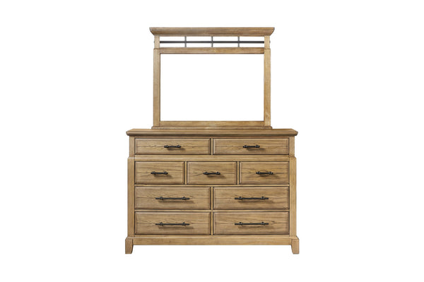 English Elm 9-Drawer Elm Veneer Dresser in Caramel Finish with 9 Smooth-Glide Drawers & Black Metal Pulls, Rustic-Modern Appeal B2699P353072