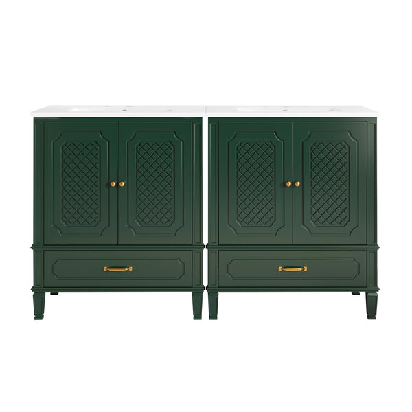 English Elm Christopher Knight Home® - 60" Bathroom Vanity Double Sink Freestanding Set with Ceramic Tops, Ample Adjustable Storage Green N759S313313F