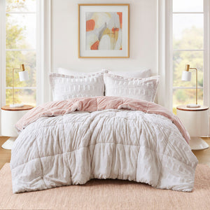 JLA Home Madison Park - Back Reversible Long Fur Comforter Mini Set — Luxe Faux-Fur & Faux-Mink, Hypoallergenic, OEKO-TEX Approved Blush/White MP10-6209