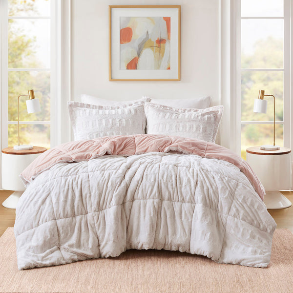 JLA Home Madison Park - Back Plush Reversible Long Fur Comforter Mini Set with Hypoallergenic Fill, OEKO‑TEX Certified Luxury Blush/White MP10-6210